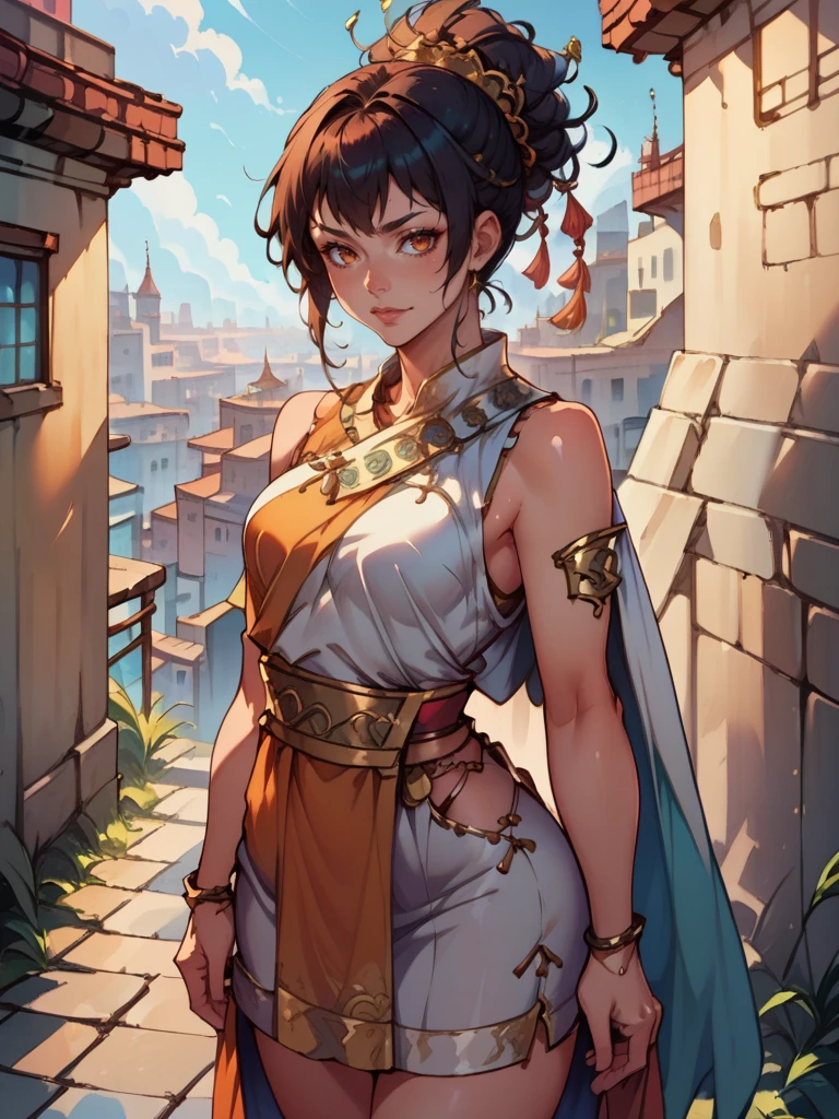 source_anime ,score_9, score_8_up, score_7_up, score_6_up, rating_safe, source_anime,  BREAK 1woman, wearing a short fantasy_toga, sleeveless,on a crowded ancient fantasy  city, <lora:Fantasy_toga_PonyXL:1>