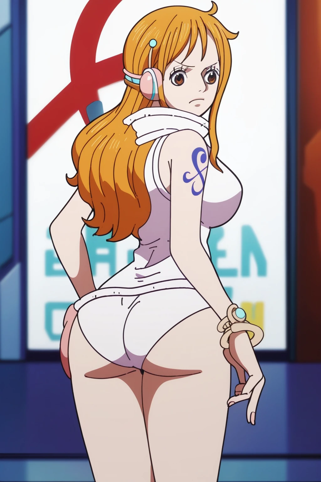 Nami in a sexy tight one piece bikini turned around showing off her ass, bending over a table, ass up, ass view