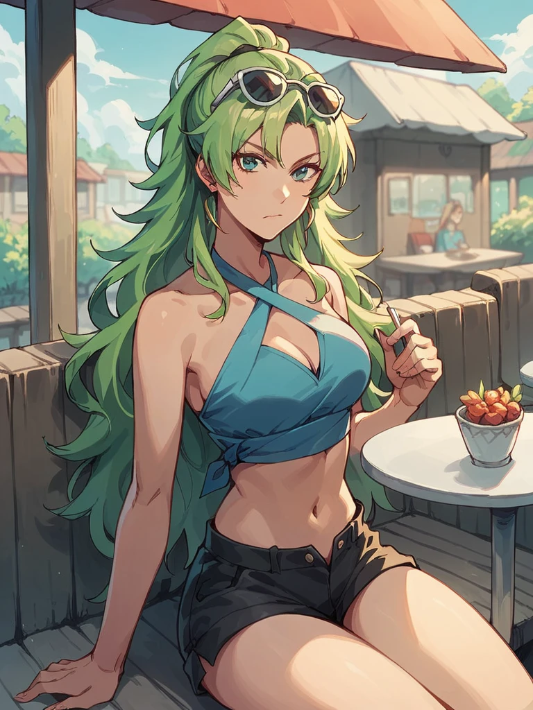 score_9, score_8_up, score_7_up, 1girl, solo, Candice Catnipp, green hair, green eyes, long hair,

frown, looking at viewer, sitting, outdoors, cafe,

blue shirt, criss-cross halter, black shorts, short shorts, day, sunglasses on head, midriff,