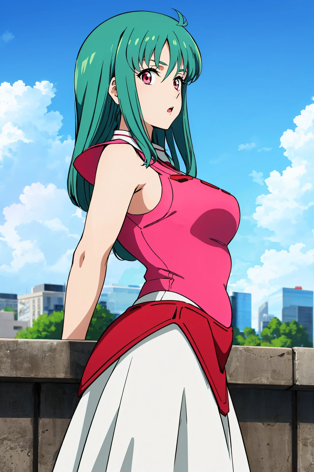 masterpiece, best quality, 1girl  <lora:cielalapana-nvwls-v1-000009:0.9> clapana, green hair, pink dress, sleeveless, white skirt, from side, :o, looking at viewer, city, blue sky