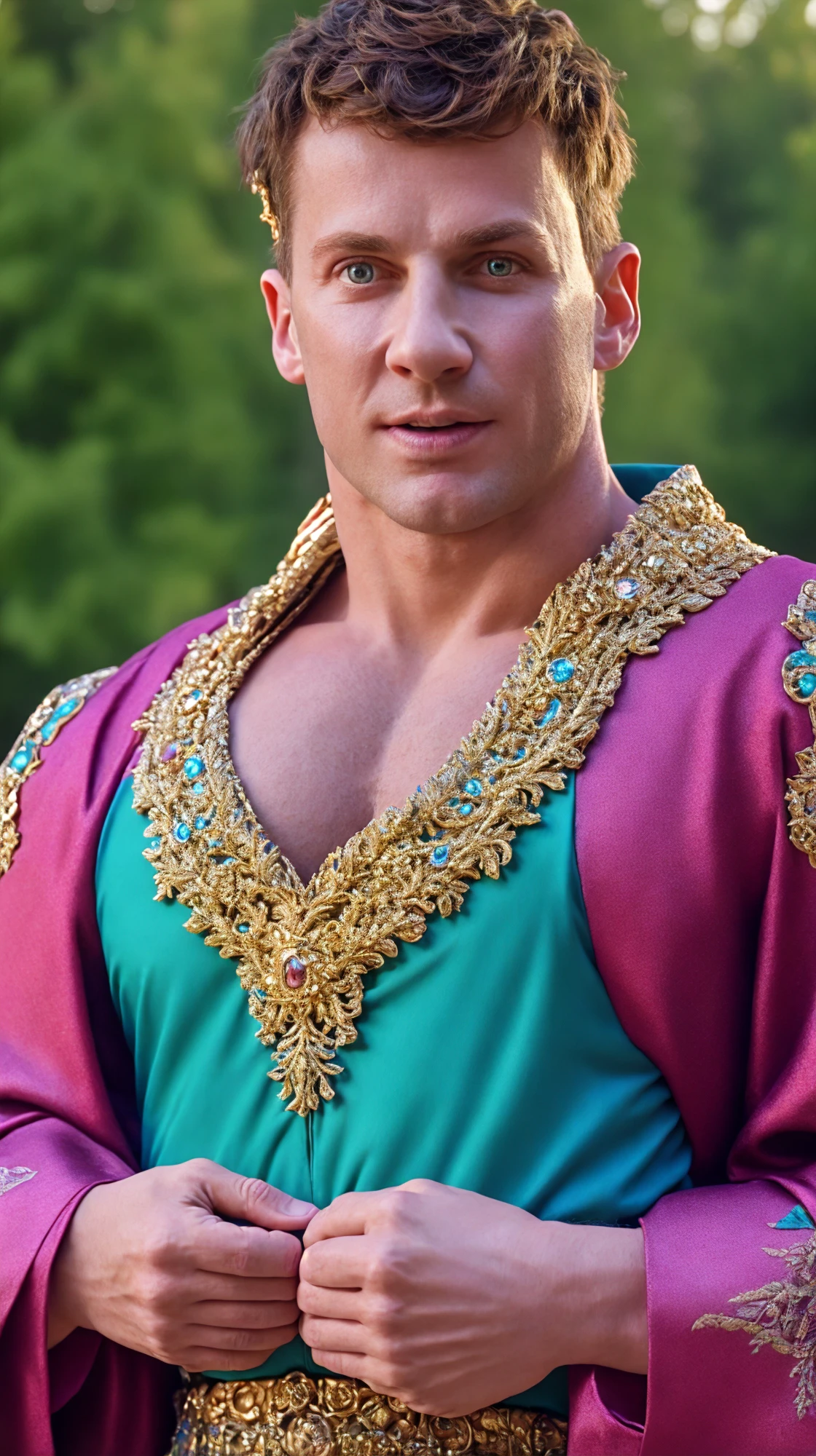 <lora:BulkedUpAIR1.5:0.2>, handsome face, (close up shot:0.7), at outdoor fantasy landscape, (wearing elaborate fantasy robes), (wearing elaborate fantasy shirt:1.2), confident, handsome, (((masterpiece))), (((best quality))), <lora:more_details:0.1>, large pectorals, big muscles:0.5, male, lower color saturation:1, lower contract color:1, CraigHaldirParker  <lora:Craigparker (1):1>