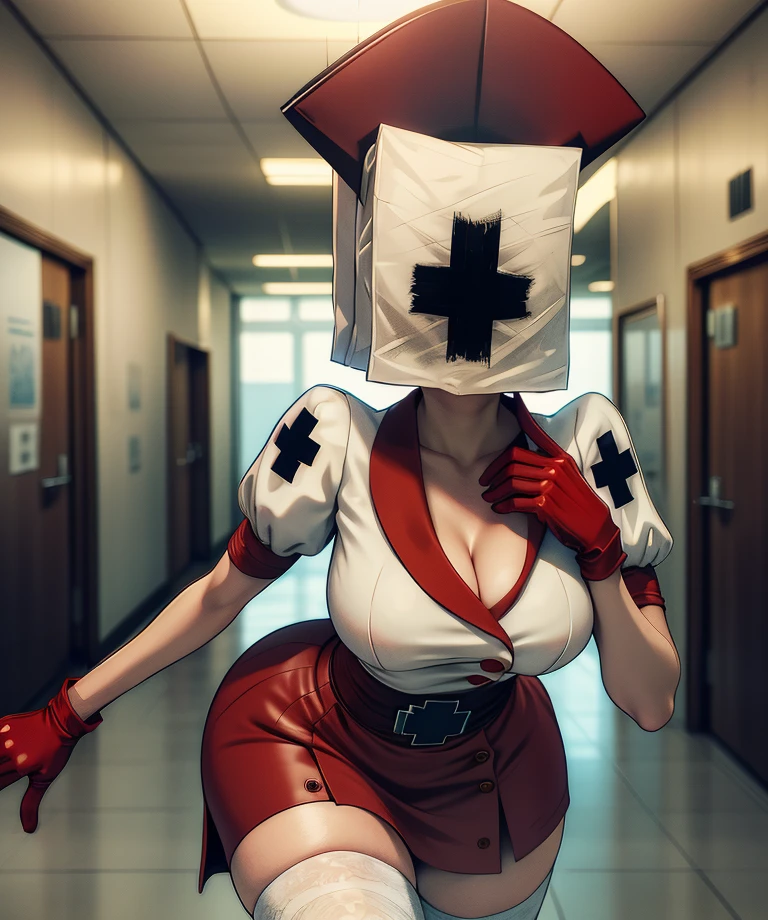 Reapernurse,covered face,mask,
nurse,red gloves,nurse cap,white top,short sleeves,
cleavage,white thighhighs,thighs,
indoors,hospital,dark corners,
(insanely detailed, masterpiece, best quality),solo,<lora:Reapernurse:0.9>,