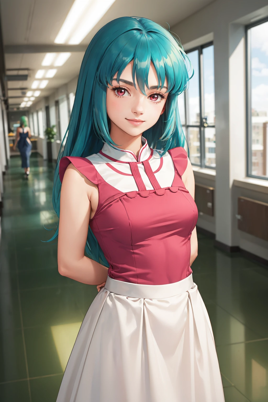 masterpiece, best quality, 1girl  <lora:cielalapana-nvwls-v1-000009:0.9> clapana, green hair, pink dress, sleeveless, white skirt, looking at viewer, smile, arms behind back, corridor, indoors, office,