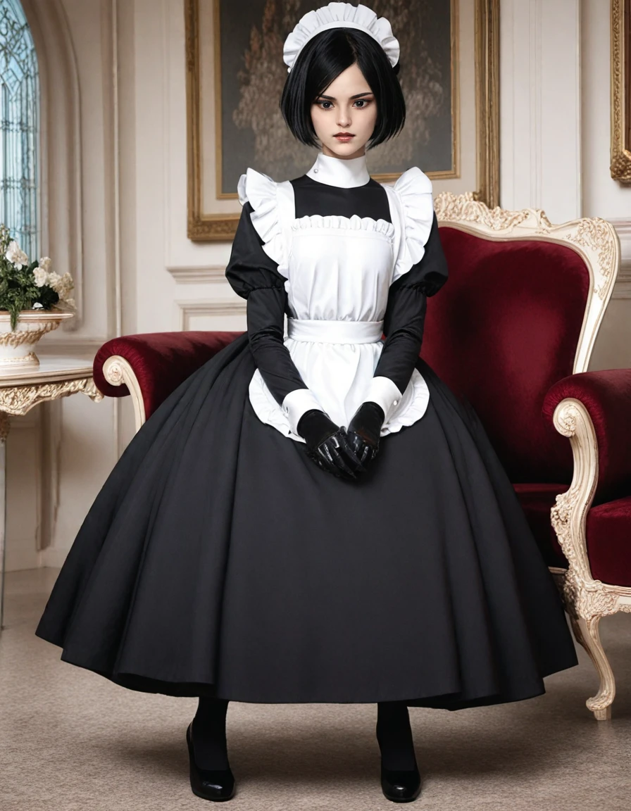 score_9, score_8_up, score_7_up, score_6_up, raw photo, source_realistic, textured skin, skin pores, full body, <lora:rwshiori-pxl:1>, rwshiori, black gloves, maid headdress, maid, apron, maid apron, 1girl, juliet sleeves, short hair, dress, long sleeves, puffy sleeves, makeup, frills, sitting in a fancy chair, in a futuristic living room, black hair,