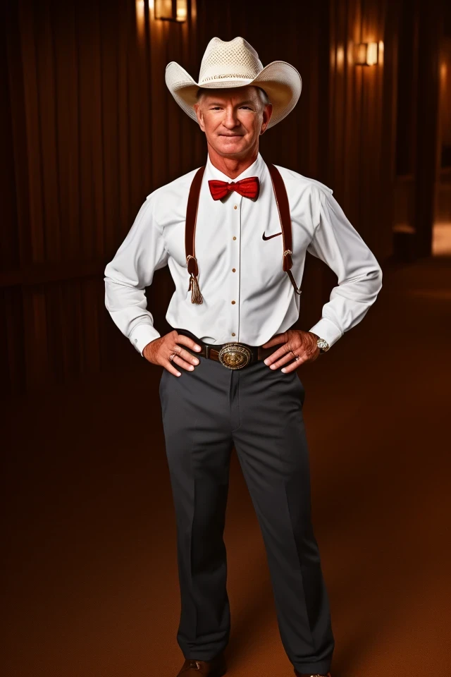 tommy_tuberville <lora:senate_001_tommy_tuberville:0.65> face closeup, face focus, shirt, formal, suit, collared shirt, white shirt, jacket,
Dressed in cowboy attire with a ten-gallon hat and cowboy boots, standing in front of a Western saloon, lasso or branding iron,
best quality, masterpiece, HDR, professional, studio quality, highres,
