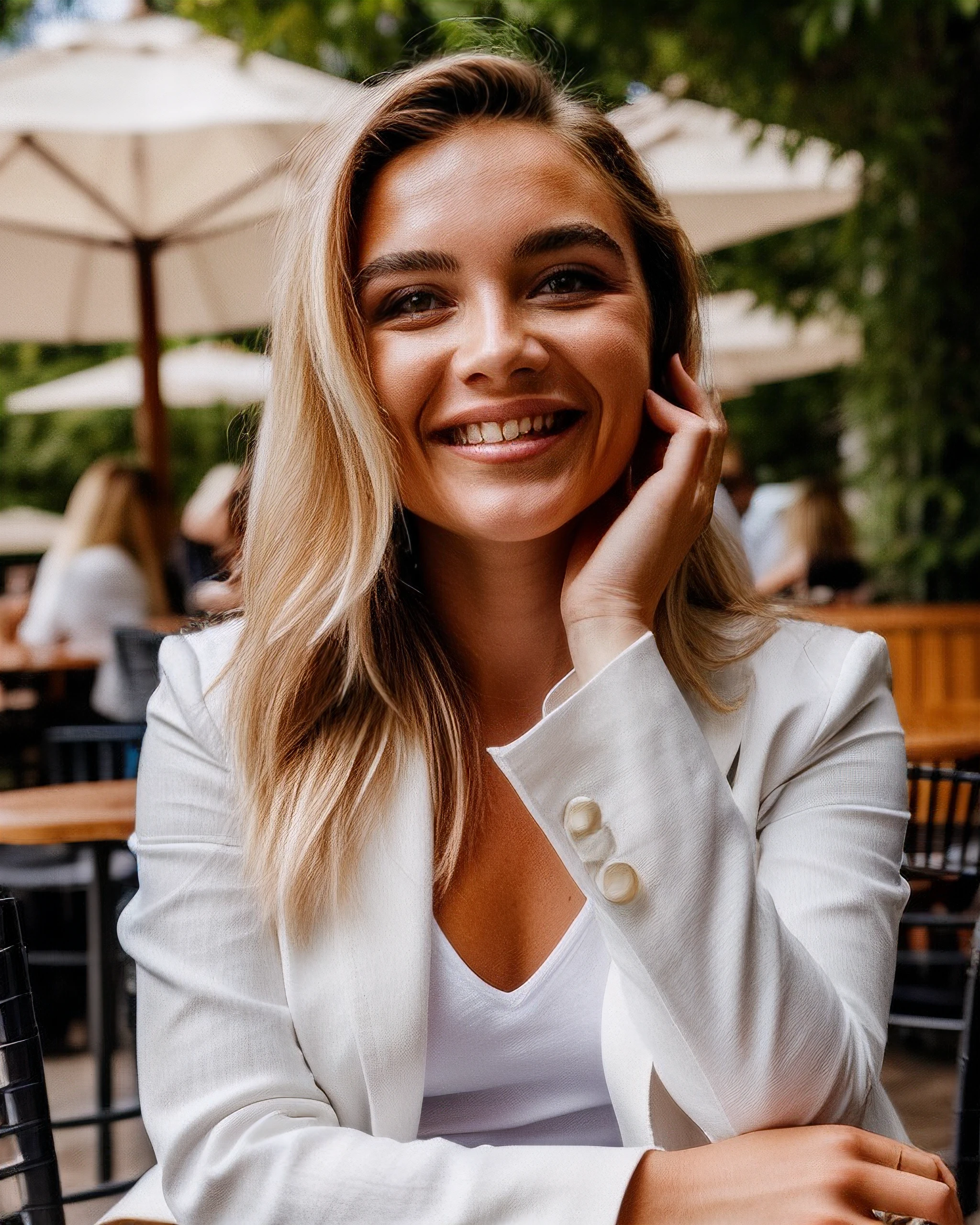 professional photograph of florp ,lips parted, sharp focus, skin details, wearing white linen jacket, (long blonde hair:1.1), sitting at an outdoor cafe, hands over head, smile:0.7, slender, cinematic, shallow depth of field, dawn, overcast