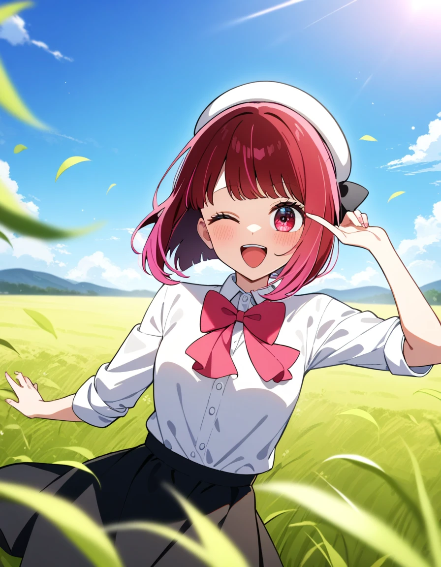 1girl, solo, arima kana, oshi no ko,
short hair, red hair, red eyes, small breasts, white shirt, collared shirt, bowtie, open mouth, smile, one eye closed, beret,
field, wind,
masterpiece, best quality, absurdres,