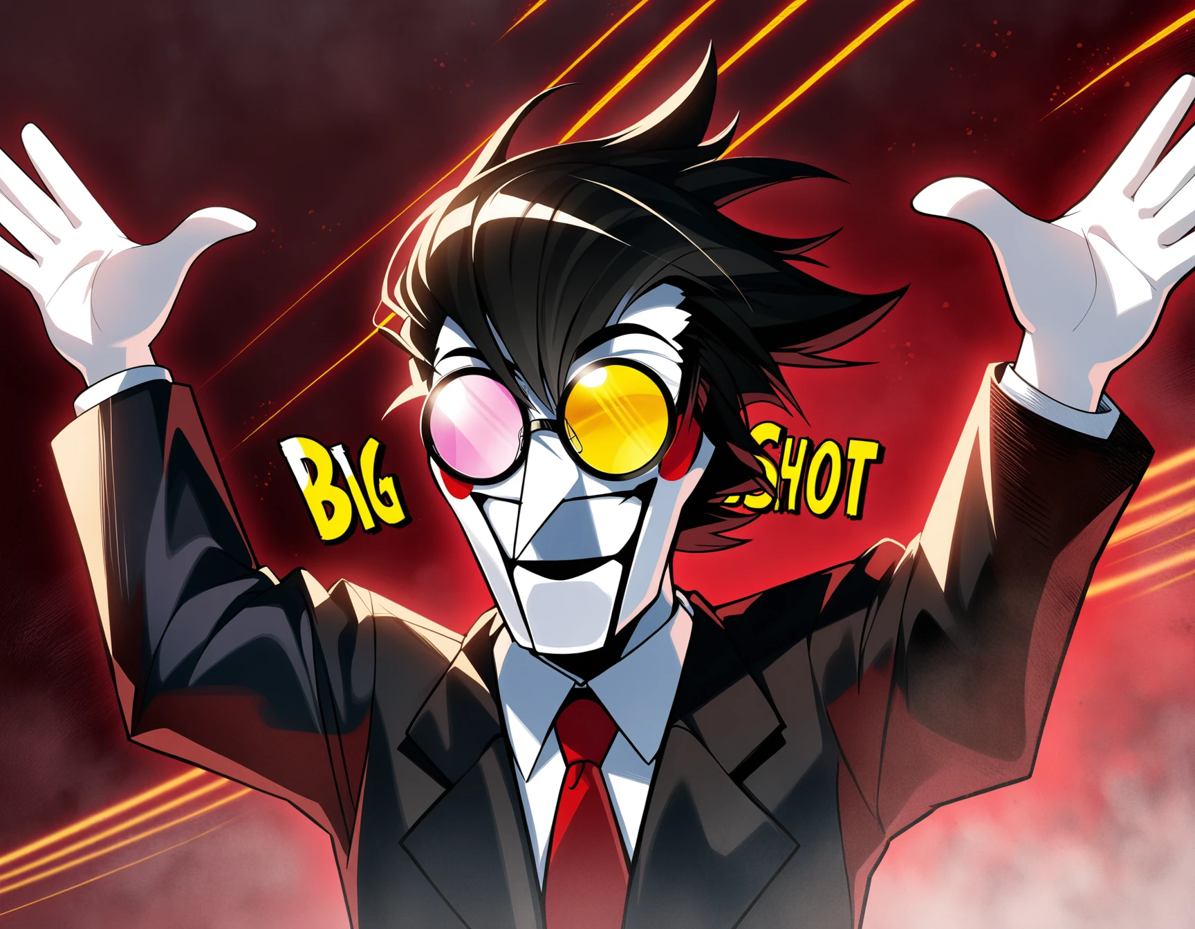 spamton, art by by chanifge, cgi, digital painting, white face, black suit, upper body, looking at viewer, text "Big shot!", raise hands, glasses 