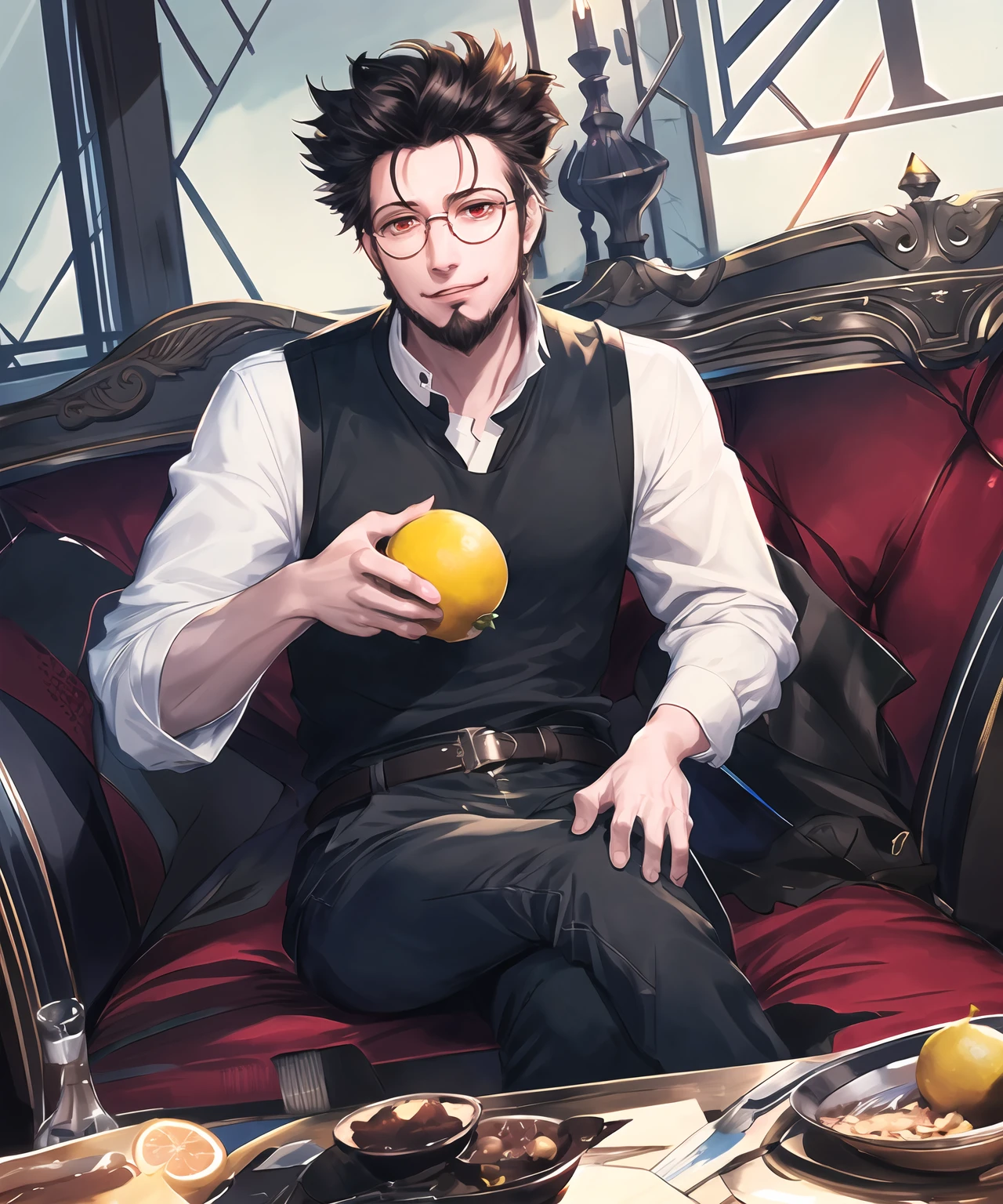 masterpiece,best quality,highres,cinematic lighting,dramatic angle,1boy,<lora:ShadowverseBelphometV3:0.8>,red eyes,black hair,pointy hair,white shirt,red necktie,black pants,belt,across table,sitting,glasses,<lora:flat2:-0.5> ,holding a lemon,smile