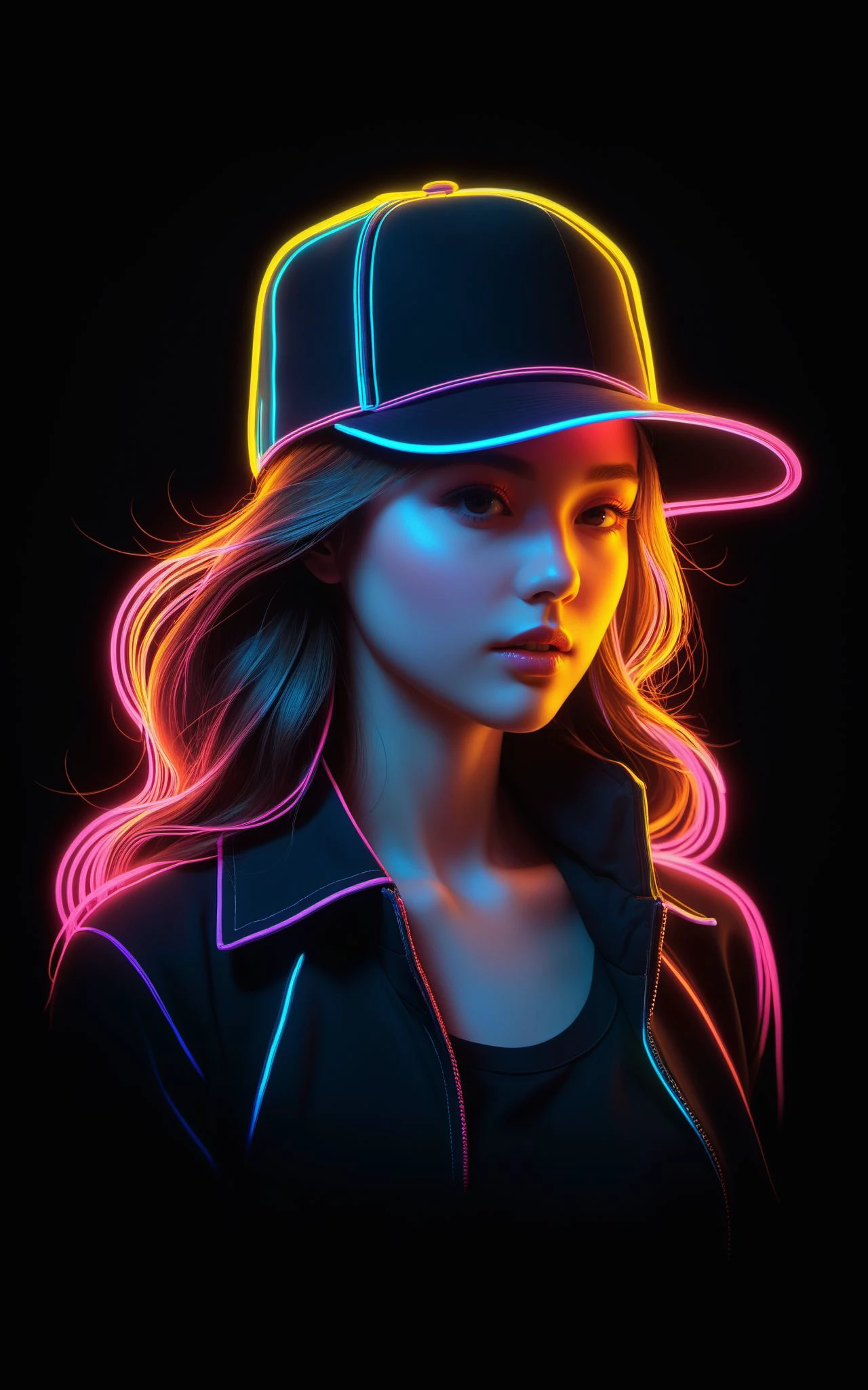 masterpiece,best quality,illustration,volumetric lighting,symmetry BREAK
1girl,hat,neon,lineart,black background,
