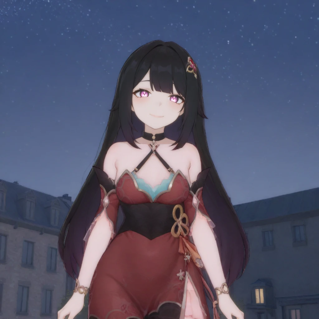 1girl, Tingyun \(Honkai: Star Rail\), upper body, translucent dress, detached collar, detached sleeves, looking afar, night, city, starry sky, smile, solo <lora:DDGS:1> <lora:Double_double_Guinaifen_Sparkle:1>