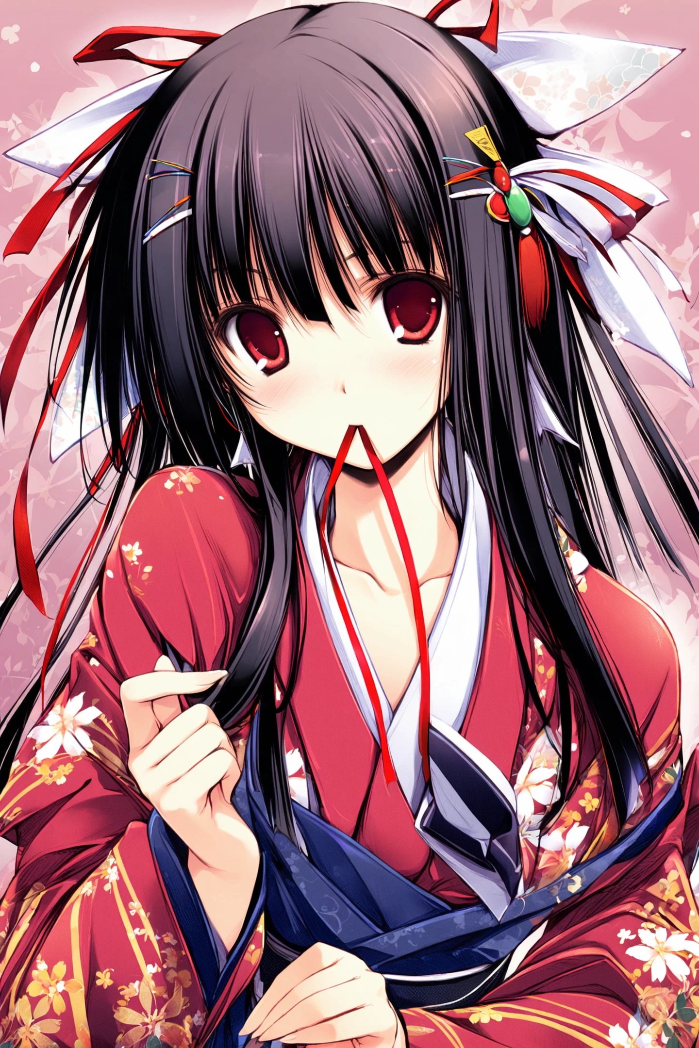 1girl,solo,red eyes,mouth hold,black hair,japanese clothes,ribbon,kimono,string,ribbon in mouth,hair ribbon,hair ornament,looking at viewer,long hair,collarbone,Old Version,<lora:tenmu_XL:0.8>,