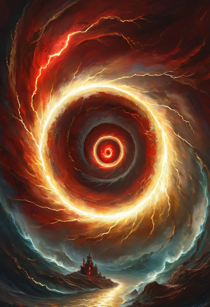 A gold lightning abyss, with an endless spiral in the center of which is red hole that leads to another world, fantasy style, oil painting, digital art<lora:xl_abyss:0.7>, insane intricate detail, victorian style