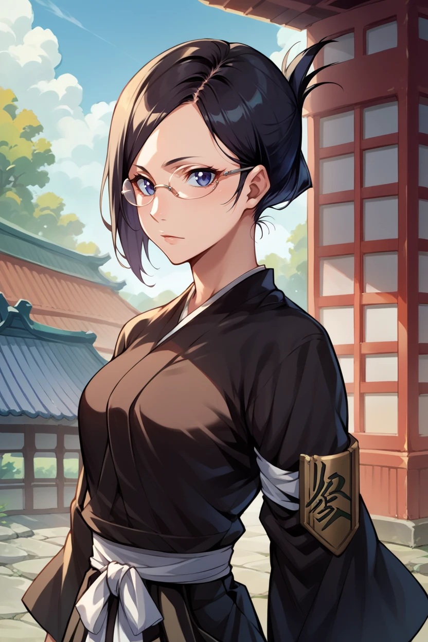 score_9, score_8_up, score_7_up, score_6_up, source_anime, BREAK 1girl, solo, <lora:isenanao-pdxl-nvwls-v1-000006:1> ise nanao, folded ponytail, glasses, black robes, sash, black skirt, hakama skirt, armband, upper body, japanese architecture, outdoors, looking at you, medium breasts