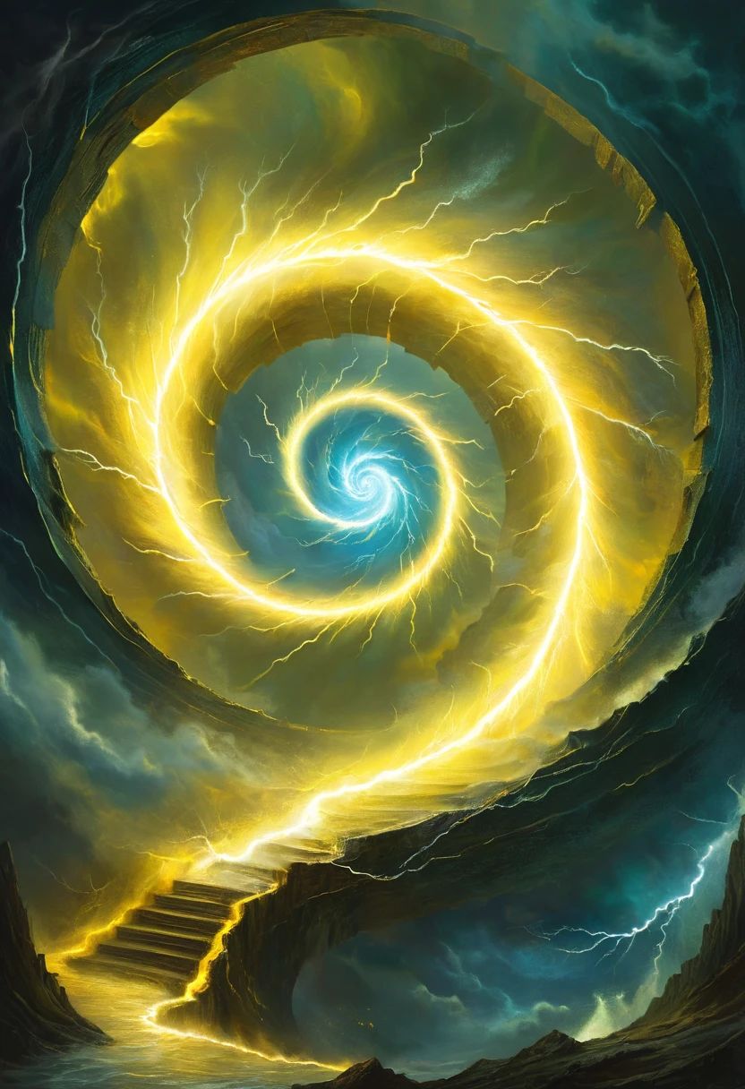 A yellow lightning abyss, with an endless spiral in the center of which is a golden portal that leads to another world, fantasy style, oil painting, digital art<lora:xl_abyss:0.7>, insane intricate detail, victorian style