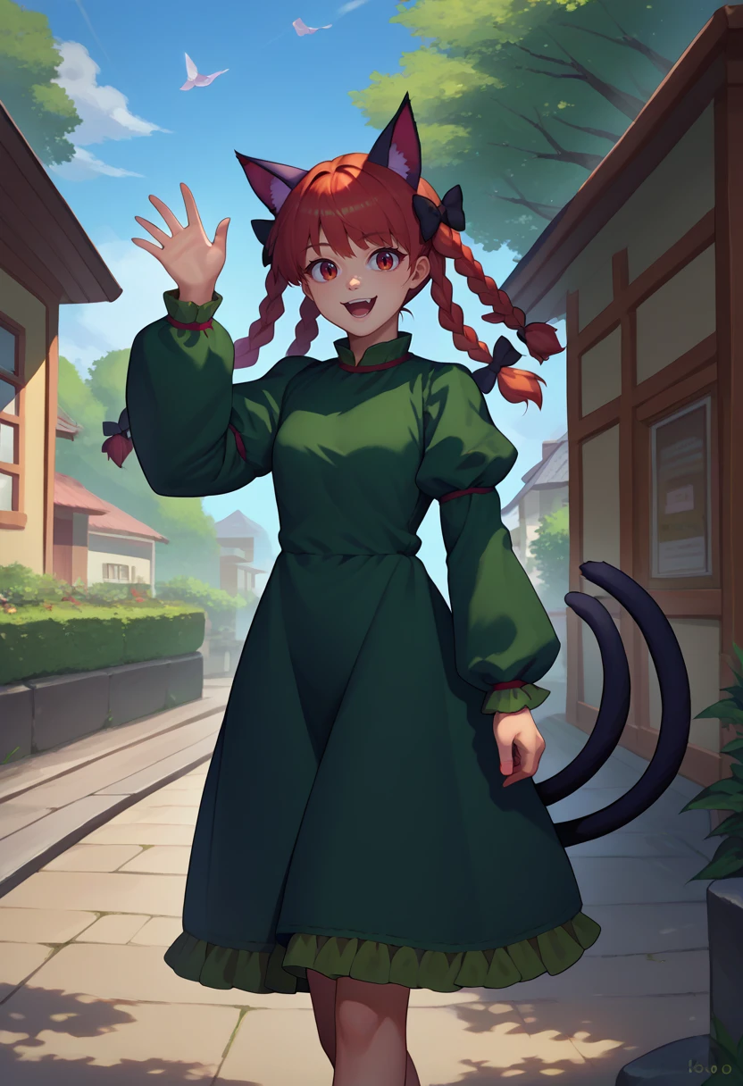 score_9, score_8_up, score_7_up, solo, 1girl, kaenbyou rin, happy, looking at viewer, standing, waving, twin braids, hair bow, black bow, animal ears, green dress, long sleeves, puffy sleeves, cat tail, multiple tails, outdoors <lora:touhou_kaenbyou_ponyXL:1>