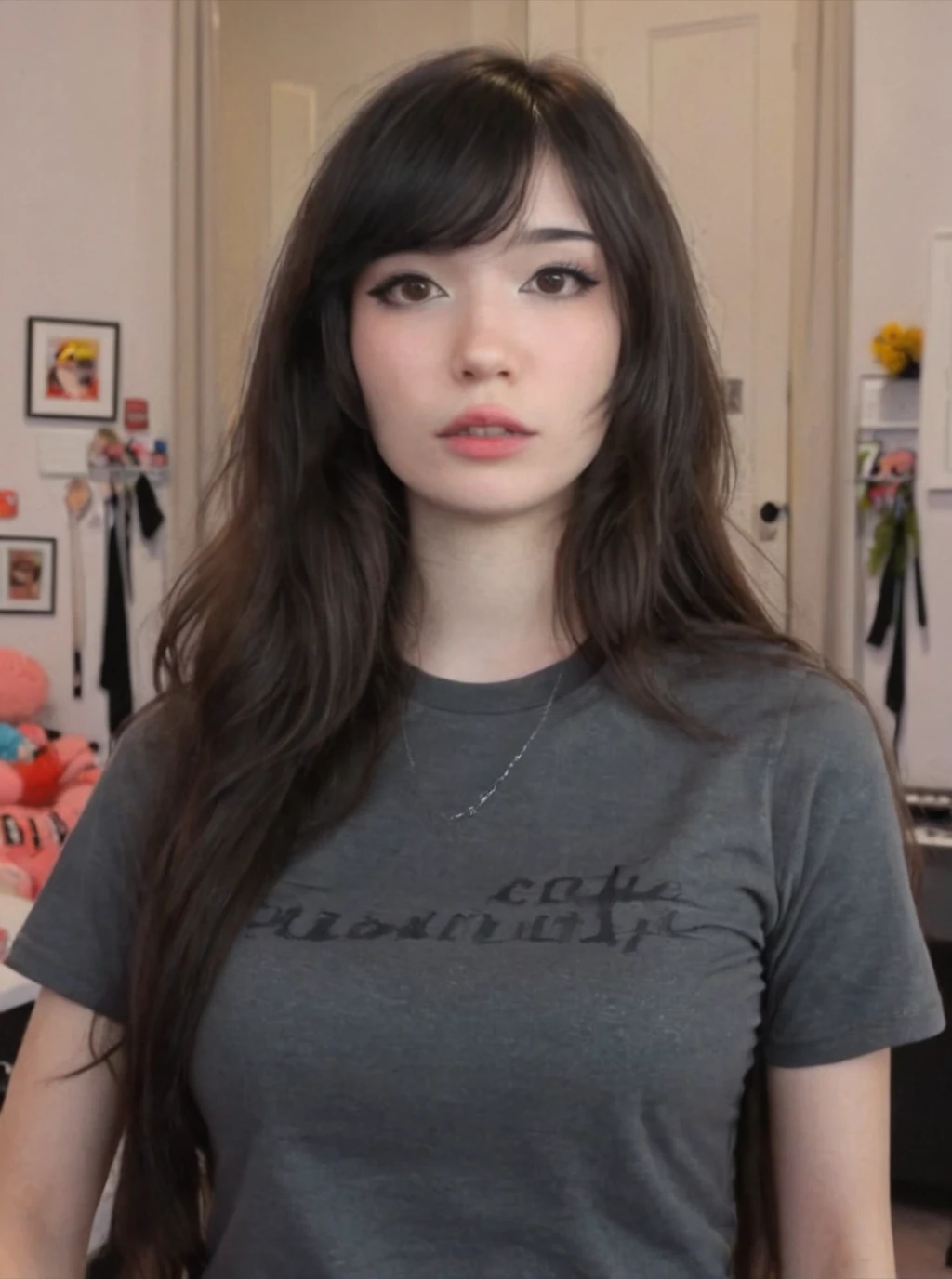 1girl, upper body portrait, text tshirt, english text dark grey tshirt, parted lips, <lora:emiruxl:0.9> emirulolxl