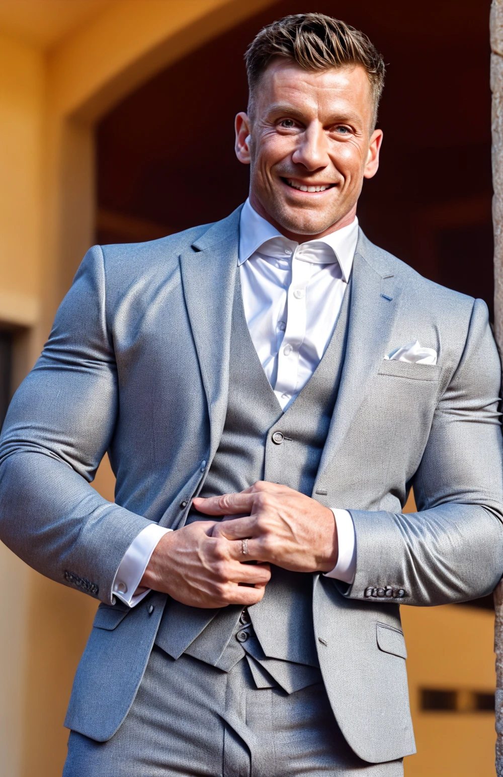 (realistic skin texture:1.2), (realistic skin pores:1.2), (face focus). (close up shot:0.9), <lora:BulkedUpAIR1.5:0.2>, (masculine:1.4), at outdoor sunny wedding, ((bodybuilder wearing designer formal suit)), sexy pose:1.0, confident, handsome, (((masterpiece))), (((best quality))), <lora:more_details:0.5>, (hands on waist), male, athletic, looking at viewer, smile, big pecs:1.2, CraigHaldirParker  <lora:Craigparker (1):1>