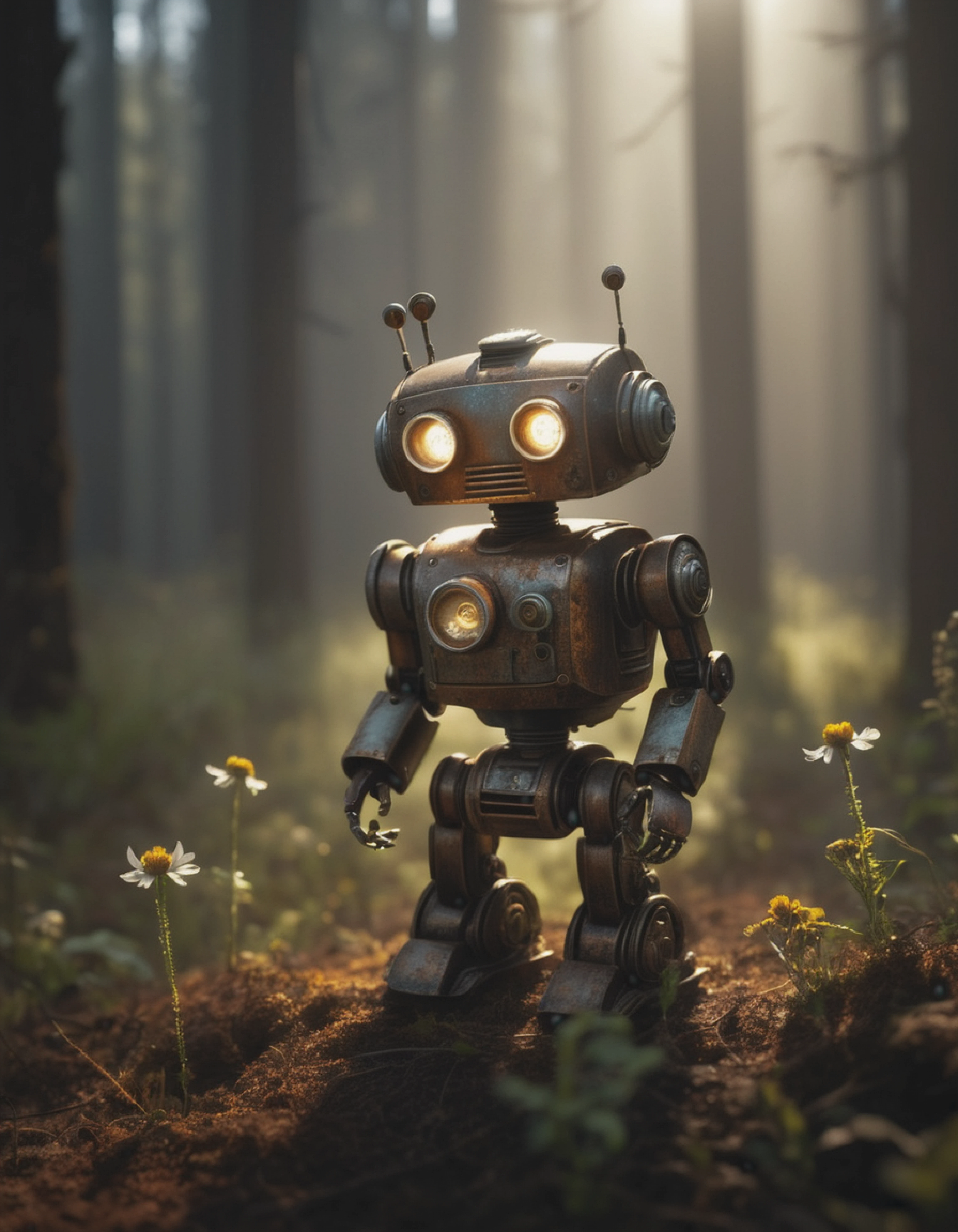 Dystopian style lonely tiny robot, rusty worn patina, hopeless forlorn expression, looking down,  dramatic, highly detailed,  (Cinematic lighting, 4k:1.1) Sunbeams piercing through dense mist, casting dramatic shadows on a tranquil forest clearing, where a single wildflower blooms, symbolizing hope amidst the darkness.