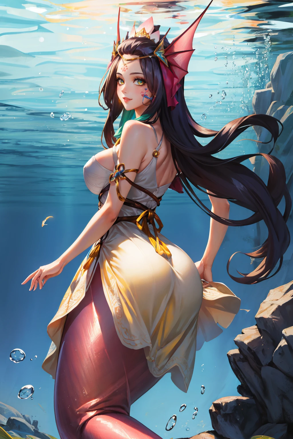 masterpiece, best quality, 1girl  <lora:splendidnami-nvwls-v1-000009:1> splendidnm, headdress, hair ornament, circlet, forehead mark, (yellow sundress:1.4), mermaid, from behind, underwater, smile, large breasts