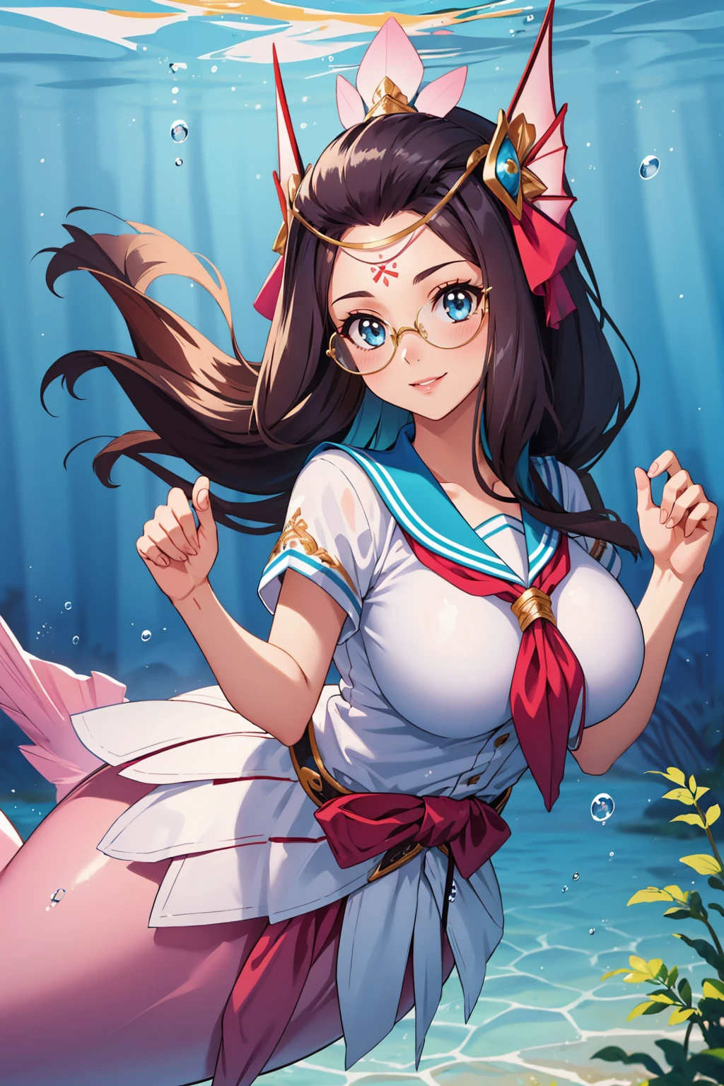 masterpiece, best quality, 1girl <lora:splendidnami-nvwls-v1-000009:0.9> splendidnm, headdress, hair ornament, circlet, forehead mark, mermaid, large breasts, underwater, white shirt, blue sailor collar, short sleeves, neckkerchief, glasses, looking at viewer, smile, pleated skirt