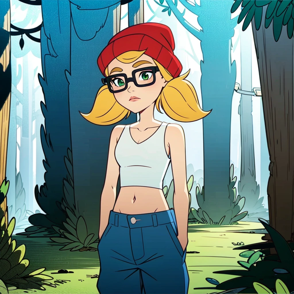 1girl, solo, Tricky, blonde hair, twintails, green eyes, glasses, red beanie, midriff, white crop top, tank top, blue pants, <lora:Tricky_SubwaySurfers_Leaf2:0.8>, cowboy shot, hands in pockets, forest,