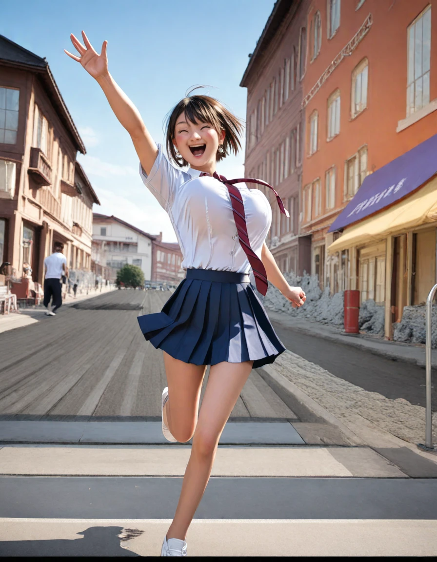 score_9, score_8_up, score_7_up, score_6_up, raw photo, source_realistic, textured skin, skin pores, kneeling, 3/4 body, <lora:anotokiclaudia-pxl:1>, anotokiclaudia, skirt, necktie, smile, closed eyes, open mouth, waving, short hair, pleated skirt, outdoors, earrings, shirt, blush, school uniform, jewelry, building, 1girl, running, bouncing breasts,