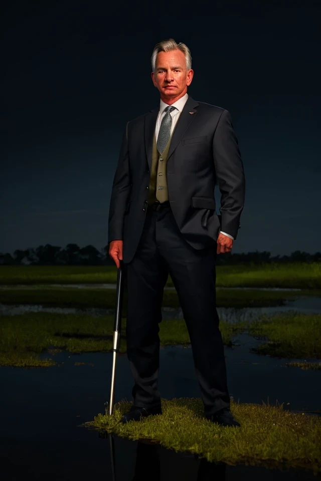 tommy_tuberville <lora:senate_001_tommy_tuberville:0.65> face closeup, face focus, shirt, formal, suit, collared shirt, white shirt, jacket,
The Scroglin Sentry stands guard at the edge of a murky swamp, his bulging eyes scanning the horizon for any sign of intrusion. Clad in simple garb that blends with the wetlands, he grips a sturdy pitchfork, ready to defend his territory. His amphibious skin glistens under the moonlight, a silent sentinel in the night.,
best quality, masterpiece, HDR, professional, studio quality, highres,
