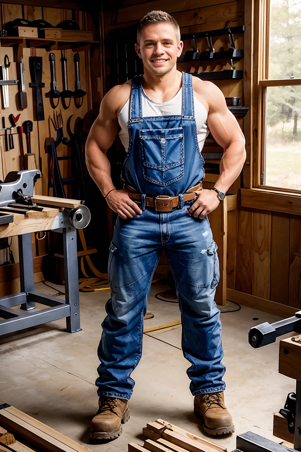 woodworking workshop, carpenter, lathe, KirkM, white tank top, blue jeans, work boots, carpenter tool belt, smiling, (((medium body portrait))), wide angle,  <lora:KirkM:0.8>