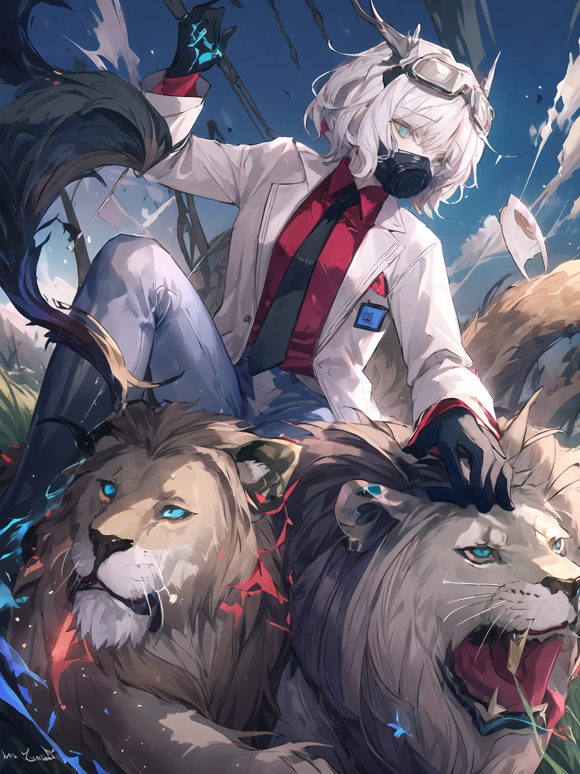 masterpiece,best quality,highres,cinematic lighting,dramatic angle,1girl,<lora:ShadowverseSephieV1:0.8>,white hair,green eyes,hair ornament,goggles,(mask,mouth mask:1.1),white lab coat,red shirt,black necktie,black leather jeans,necktie,depth of field,grass,petting,animal,chimera,lion,sunshine,half-closed eyes,blue sky,<lora:flat2:-0.5>,blood,holding knife,glowing eyes,gloves,blue fire