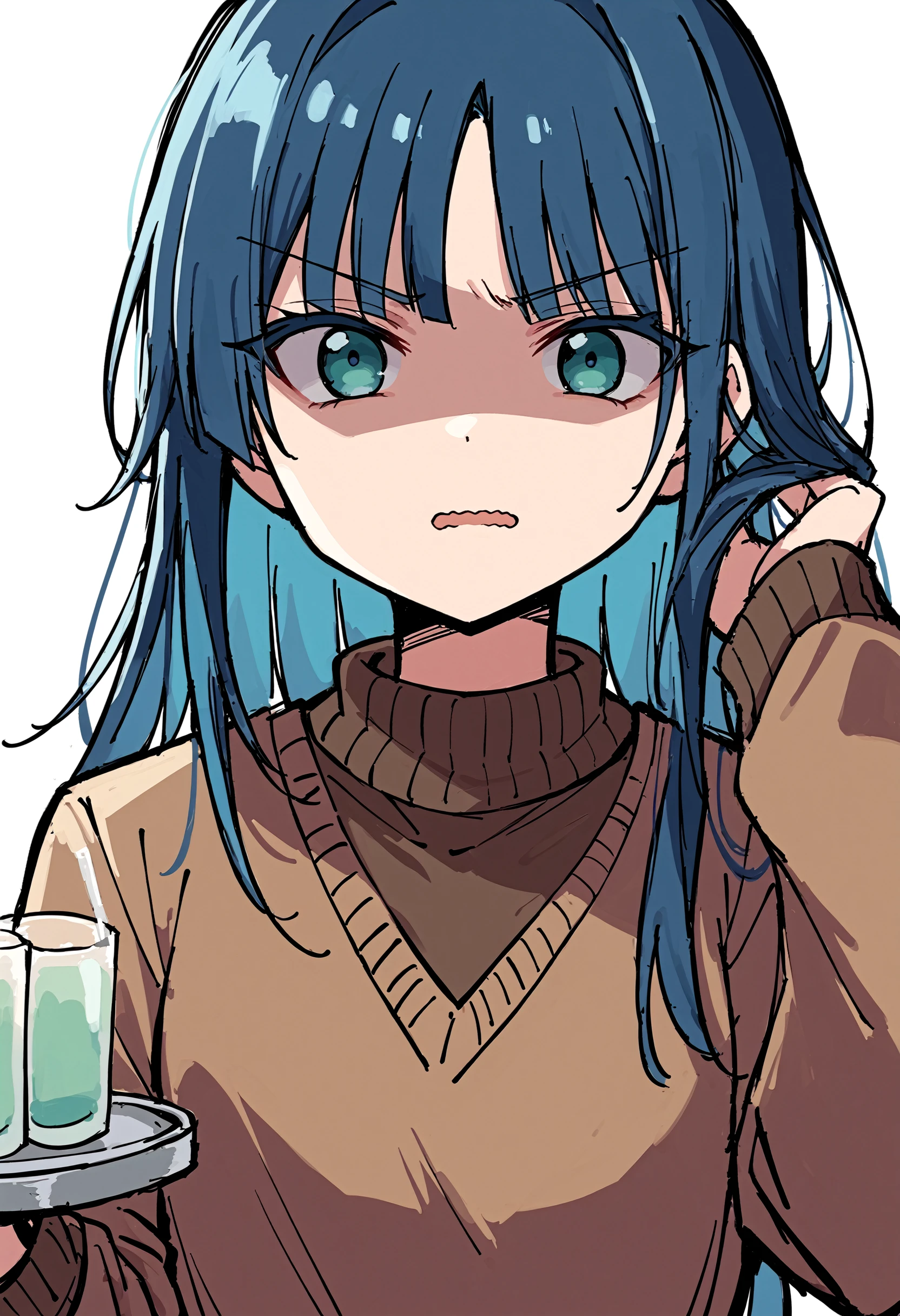 score_9, score_8_up, score_7_up, BREAK
1girl, sketch, upper body, shade, white background, shaded face, looking at another, dot nose, long bangs, looking at viewer, tray, blue eyes, wavy mouth, sweater, brown sweater, thick eyelashes, artist name, parted bangs, dark blue hair, blunt bangs, long hair, sidelighting, open mouth, straight hair, solo, blue hair, v-shaped eyebrows, school uniform, holding own hair, nijigasaki academy school uniform, eye focus, hair down
<lora:Sketch diffusion attempt no trigger DoRA PDXL TA 40:1>
