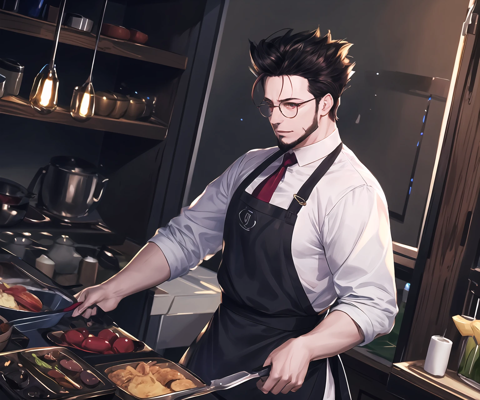 masterpiece,best quality,highres,cinematic lighting,dramatic angle,1boy,<lora:ShadowverseBelphometV3:0.8>,red eyes,black hair,pointy hair,white shirt,red necktie,black pants,belt,glasses,<lora:flat2:-0.5> ,cooking,apron,turning head,looking at viewer,kitchen,holding knife