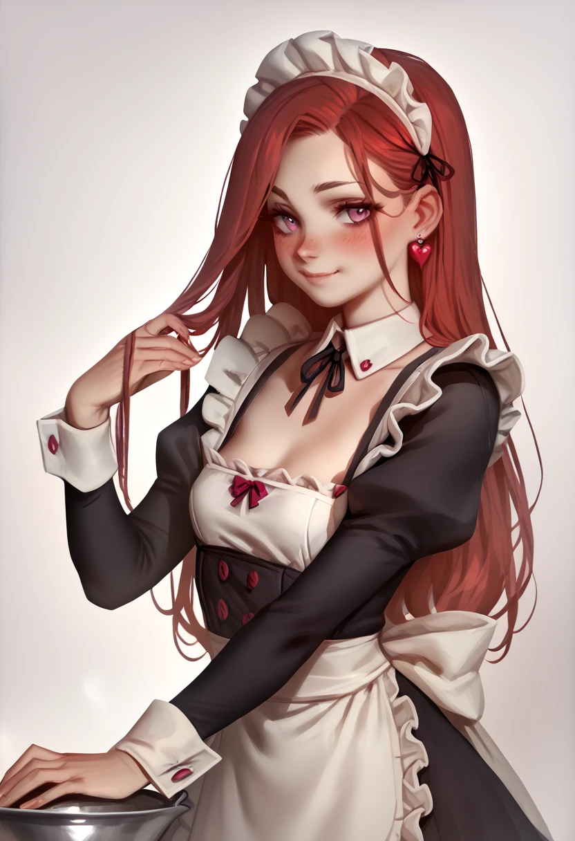 score_9, score_8_up, score_7_up, score_6_up, score_5_up, score_4_up, BREAK breasts, solo, blush, maid headdress, maid, looking at viewer, smile, grey background, simple background, apron, red hair, long hair, small breasts, closed mouth, pink eyes, long sleeves, earrings, jewelry, maid apron, spot color,
<lora:Aleriav:1> Aleriav