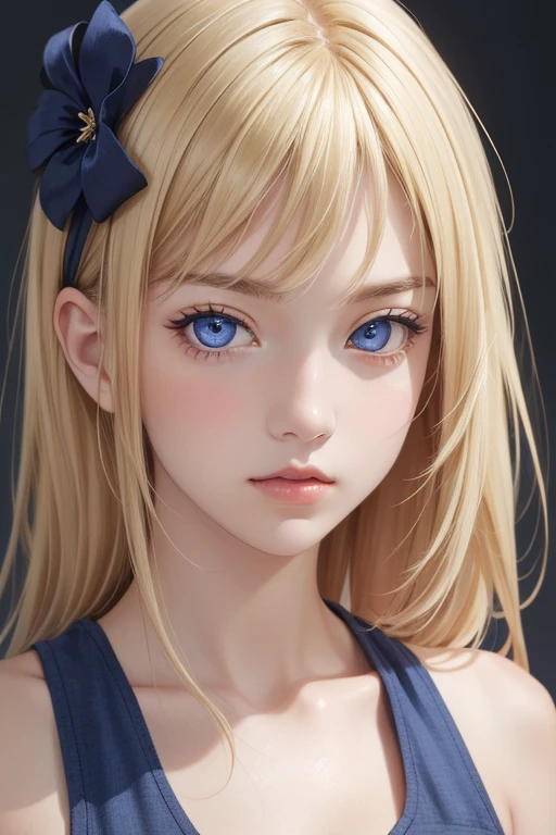 1girl, upper body, (masterpiece, best quality), RAW photo, 16k wallpaper, extremely detailed CG, amazing, ultra detailed, hyperrealistic, official art, High quality texture, incredibly absurdres, highres, 18 years old, cute girl, blonde hair, beautiful face, detailed large indigo eyes