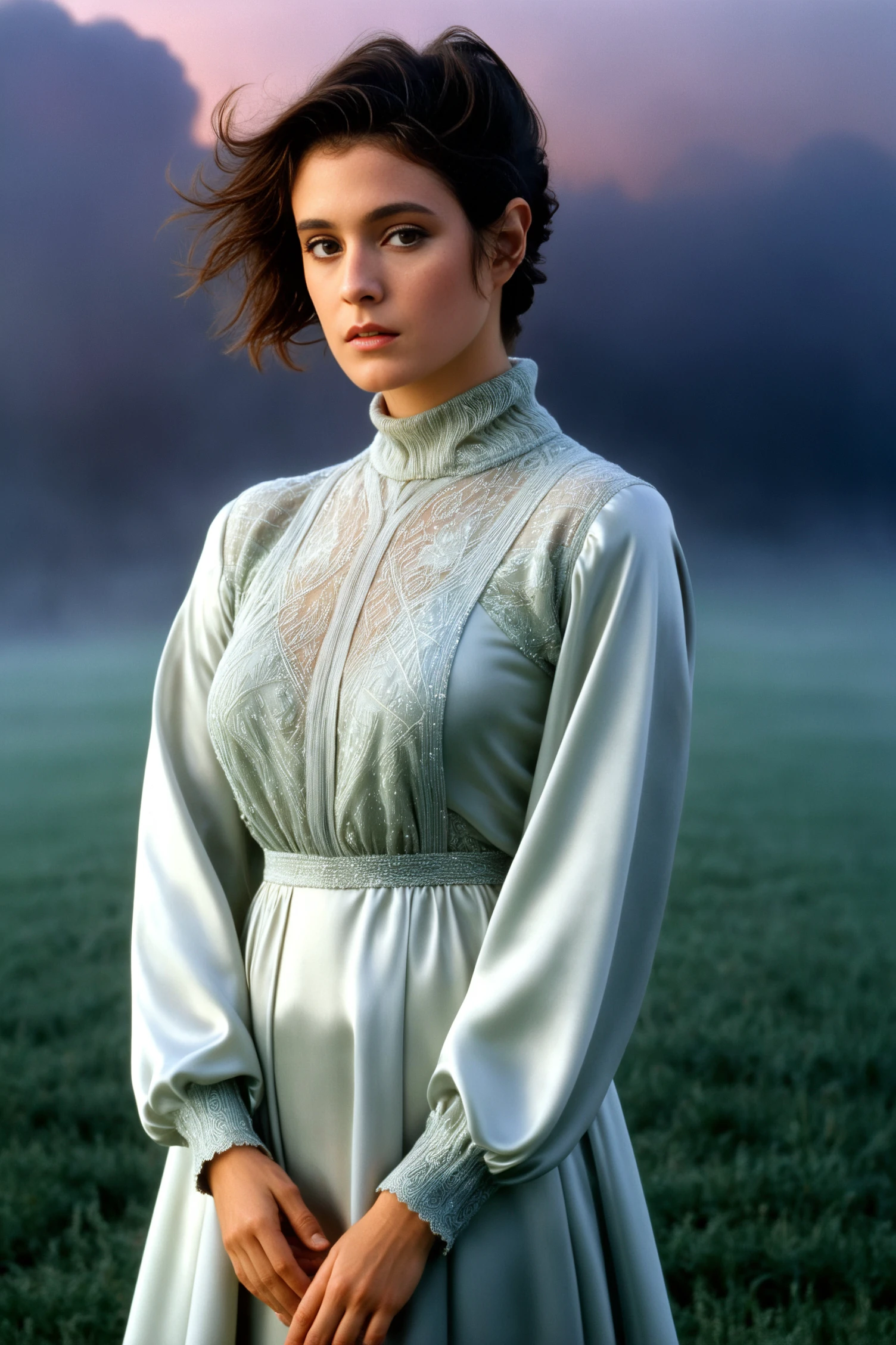 Dreamscape, Fantasy Films Photorealism <lora:MarySeanYoungSDXL-000008:1>, 30yo MarySeanYoungSDXL wearing (intricate:1.2) turtleneck romantic satin dress, in an empty field of nothingness,  mystical fog full of electrical energy, masterpiece, Photorealism, often for highly detailed representation, photographic accuracy, or visual illusion., Fantasy Films, often for magical creatures, fantastic adventures, or mythical worlds., Surreal, ethereal, dreamy, mysterious, fantasy, highly detailed