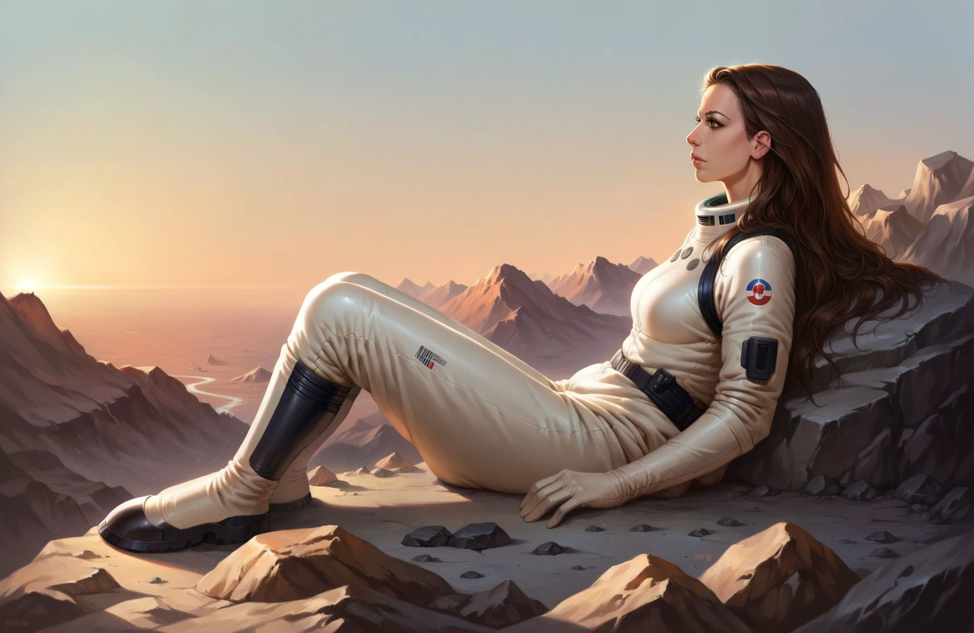 <lora:LauraBailey:1> lrbly, 1girl, brown hair, long hair, brown eyes, astronaut, science fiction, jetpack, mars, rock, from side, sitting, leaning back,, score_9, score_8_up, score_7_up, score_6_up, score_5_up, score_4_up,