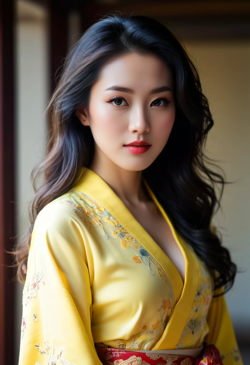 Modelshoot (Candid 1.3) photo of a vivacious 28-year-old chinese supermodel, fullbody view, Striking eyes, voluminous wavy hair, coy expression, lipgloss, wearing intricately detailed Yellow Kimono, looking at viewer, (upper body shot:1.5) Natural lighting, shot using a Leica T in the style of (Daniel Jackson:1.3) High detail, intricate, detailed face, detailed eyes, detailed skin, Shallow Depth of Field, Rustic Background,