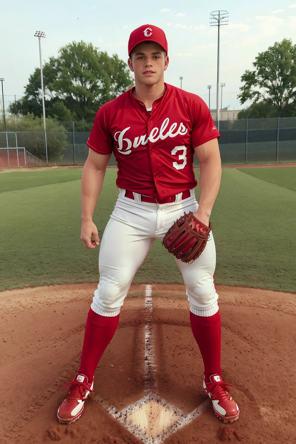 outdoor baseball field, standing in the grass, KirkM is a baseballplayer, wearing red baseball uniform, red jersey, (white pants), (red socks), red baseball cap, baseball mitt, (((full body portrait))), wide angle   <lora:KirkM:0.8> <lora:Clothing - Sexy Baseball Player:0.65>