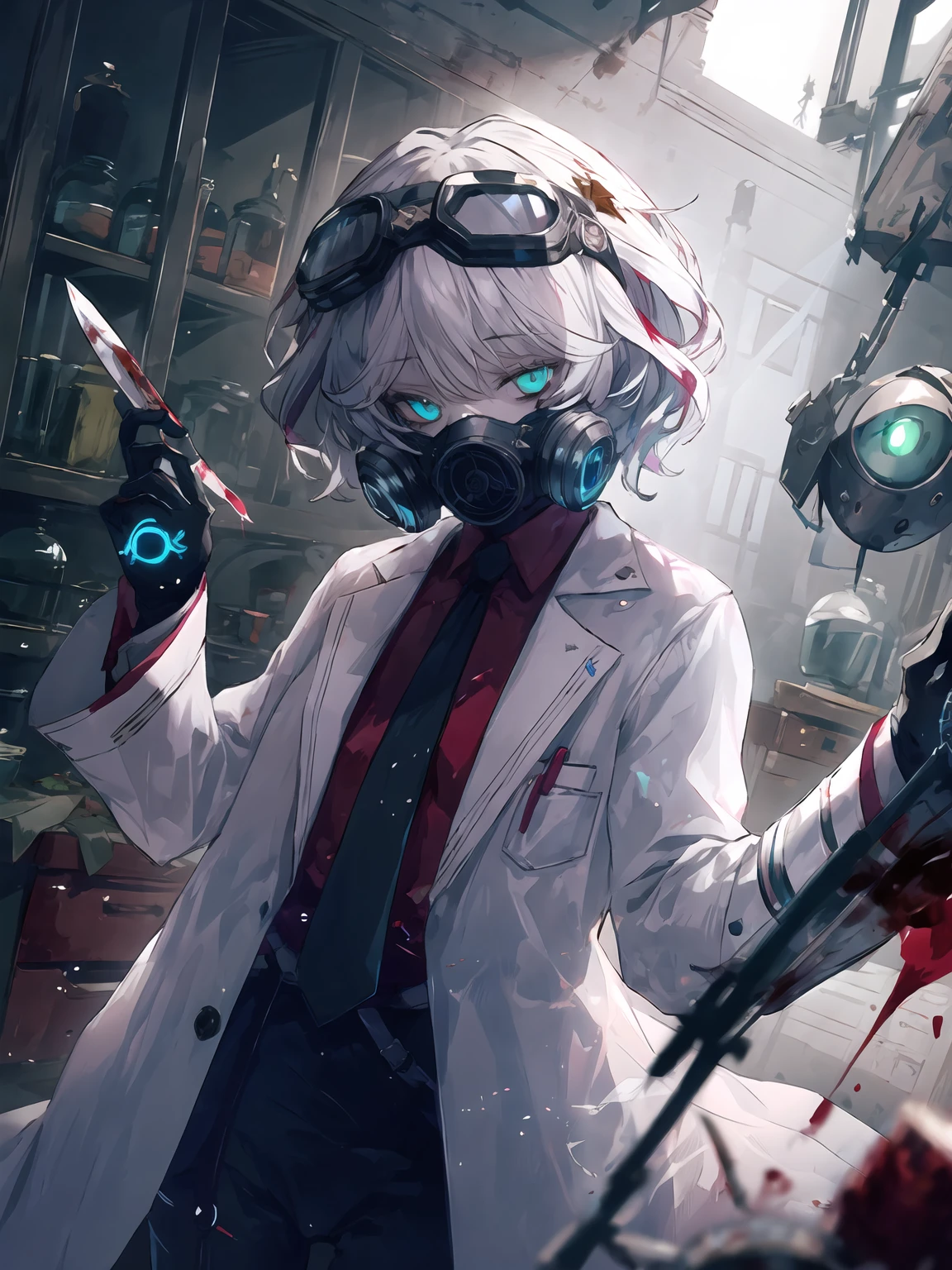 masterpiece,best quality,highres,cinematic lighting,dramatic angle,1girl,<lora:ShadowverseSephieV1:0.8>,white hair,green eyes,hair ornament,goggles,lab coat,black suit,necktie,holding operating knife,operating room,depth of field,looking at viewer,shaded face,(glowing eyes,:1.2)mask,blood,cowboy shot,<lora:backlight_slider_v10:-1>,<lora:flat2:-0.5>