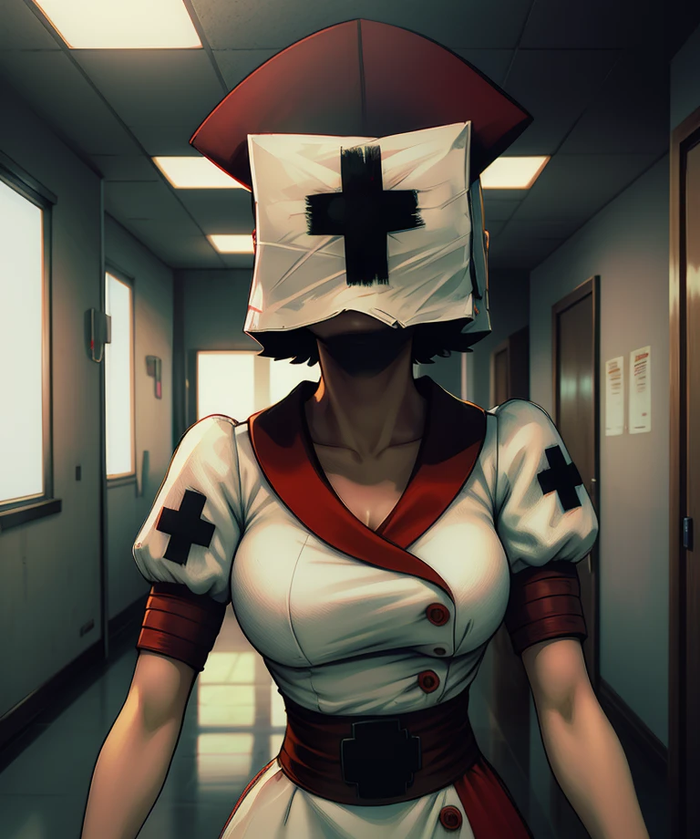 Reapernurse,covered face,
nurse,red gloves,nurse cap,white top,short sleeves,
standing,
indoors,hospital,dark corners,
(insanely detailed, masterpiece, best quality),solo,<lora:Reapernurse:0.9>,