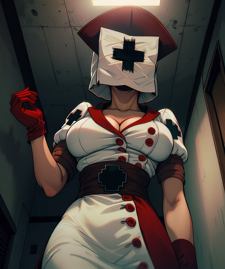 Reapernurse,covered face,mask,
nurse,red gloves,nurse cap,white top,short sleeves, large breasts,
cleavage,white pantyhose, from below,
indoors,hospital,dark corners,horror \(theme\),
(insanely detailed, masterpiece, best quality),solo,<lora:Reapernurse:0.9>,