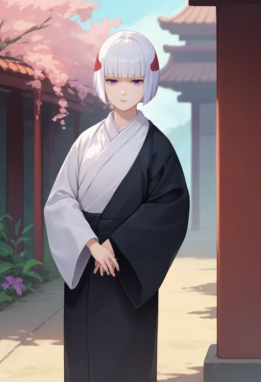 score_9, score_8_up, score_7_up, source_anime, solo, 1girl, uraume, expressionless, looking at viewer, standing, bob cut, purple eyes, japanese clothes, black kimono, white kimono, long sleeves, wide sleeves, outdoors <lora:jjk_uraume_ponyXL:1>