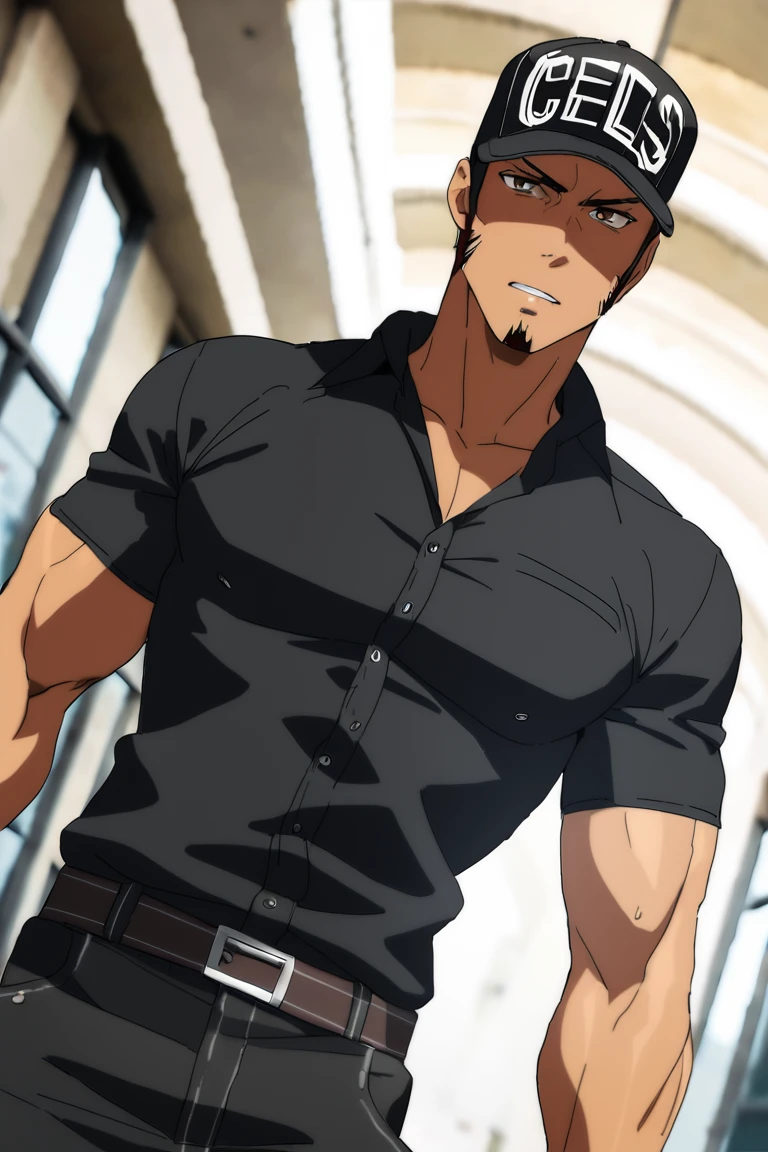 solo male, Memory T Cell\(Cells at Work\), tan skin, brown eyes, intense eyes, angled eyebrows, facial hair, goatee, sideburns, black uniform, black collared shirt, black pants, (wearing cap, black cap), boots, mature, handsome, charming, alluring, fit, silm, slender, standing, upper body, perfect anatomy, perfect proportions, best quality, masterpiece, high_resolution, dutch angle, cowboy shot, photo background, perfect eyes<lora:EMS-354724-EMS:0.800000>