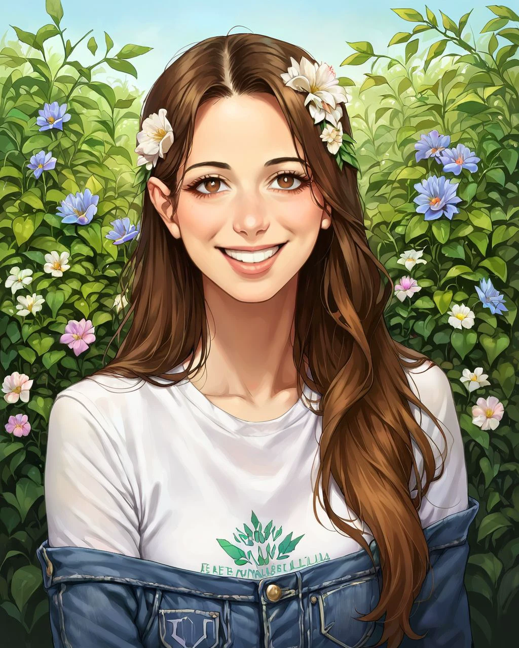 source_anime,
<lora:LauraBailey:1> lrbly, 1girl, brown hair, long hair, brown eyes, armor, outdoors, roadside, died t-shirt, jeans, flowers in hair, smile, heavy eyelids,, score_9, score_8_up, score_7_up, score_6_up, score_5_up, score_4_up,