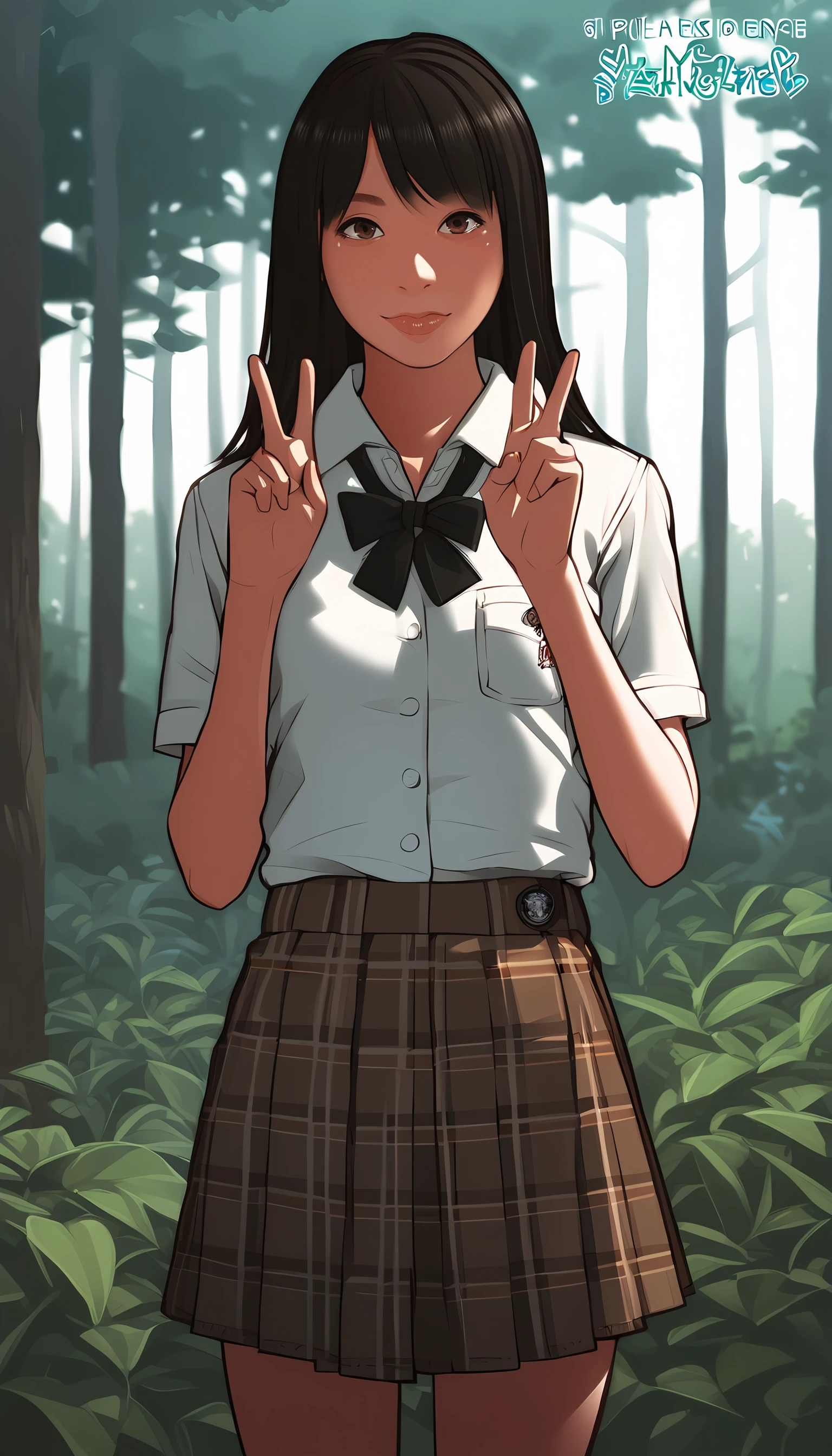 <lora:backfischalter-000020:1>,1girl,looking at viewer,schoolgirl uniform,outdoors,forest,cowboy shot,peace sign,brown eyes,lips, score_9, score_8_up, score_7_up