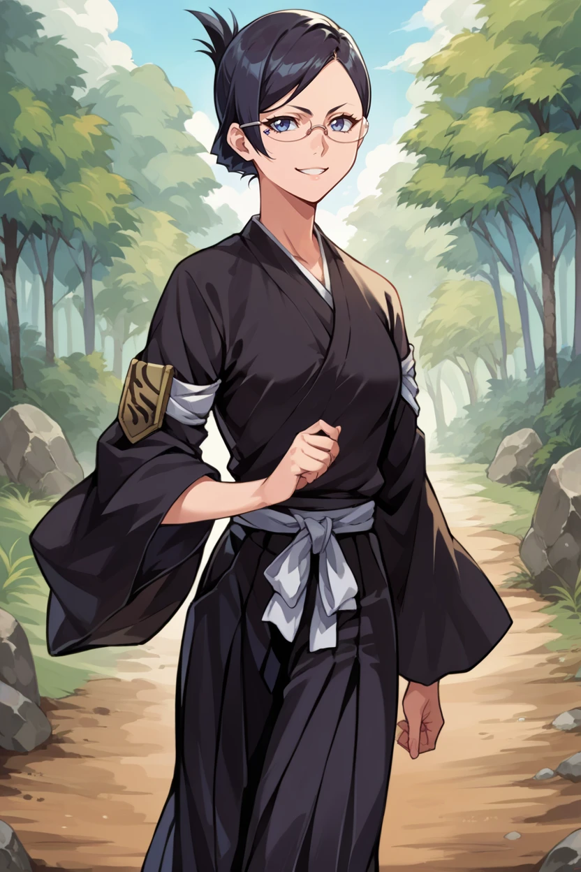 score_9, score_8_up, score_7_up, score_6_up, source_anime, BREAK 1girl, solo, <lora:isenanao-pdxl-nvwls-v1-000006:1> ise nanao, folded ponytail, glasses, black robes, sash, black skirt, hakama skirt, armband, medium breasts, looking at you, walking, dirt road, forest, smile