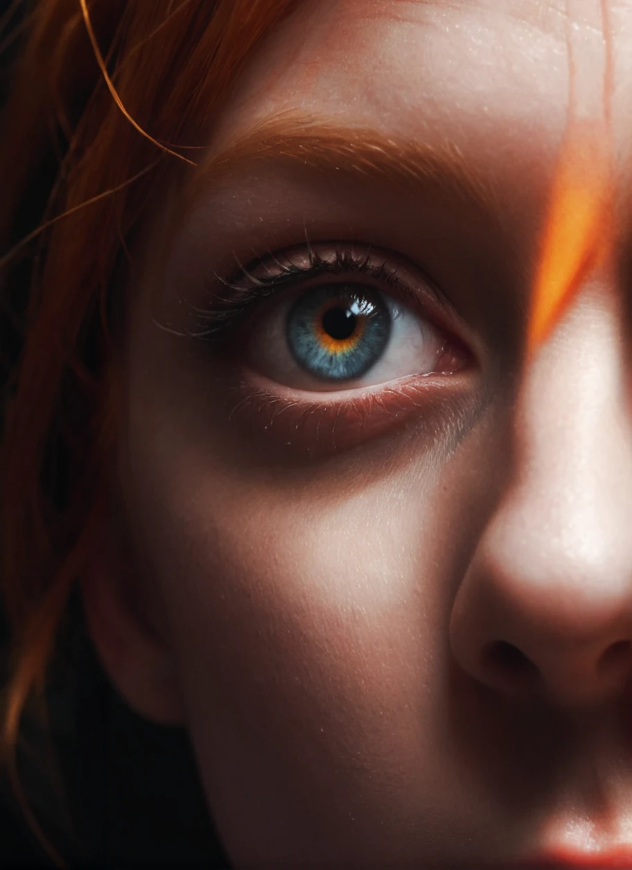 girl eye extreme close up, Macro, goth, hyperealism, ginger ,fog ,low light,very dark ,beautiful,cinametic atmosphere, dark light, drammatic, cold colors, cinematic, skin texture, fog, backlight, colorful, high contrast, depth, extreme close up, 200mm