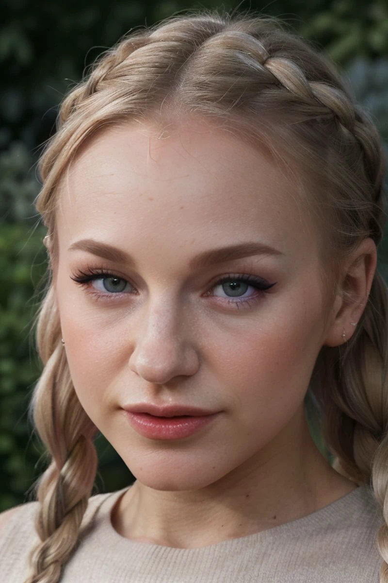 closeup headshot of S390_SageRabbit,a beautiful woman,in a (garden:1.1),wearing a (crewneck:1.1),(braids),(4k, RAW photo, best quality, 50mm, depth of field, ultra high res:1.1),(intricate, photorealistic, cinematic-shot, masterpiece, ultra-detailed:1.1),