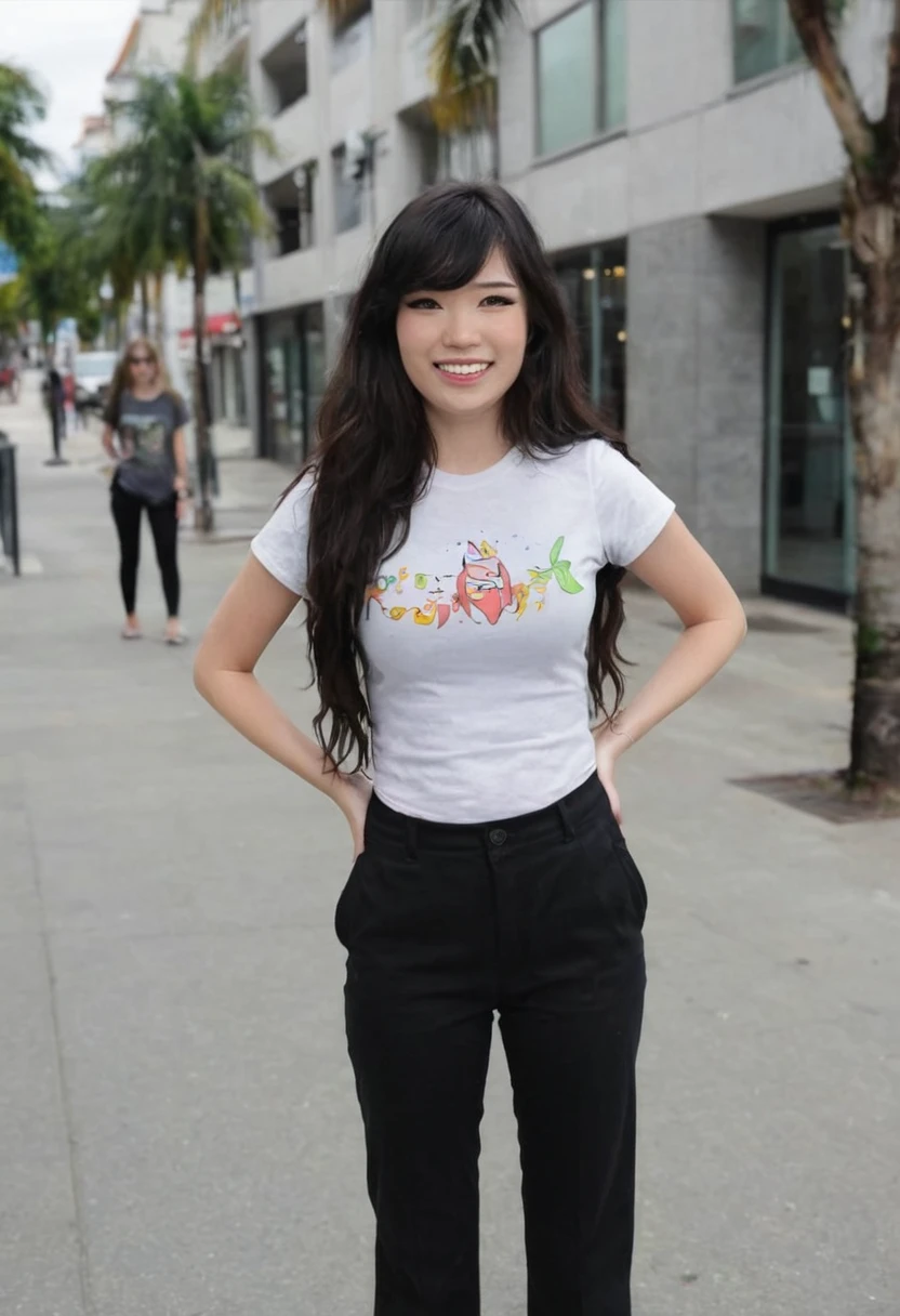 1girl, tshirt, simple black pants, (outdoors,:1.2), in the city, street, looking at the camera, upper body, ((hands on hip)), grin, clos up, <lora:emiruxl:0.8> emirulolxl