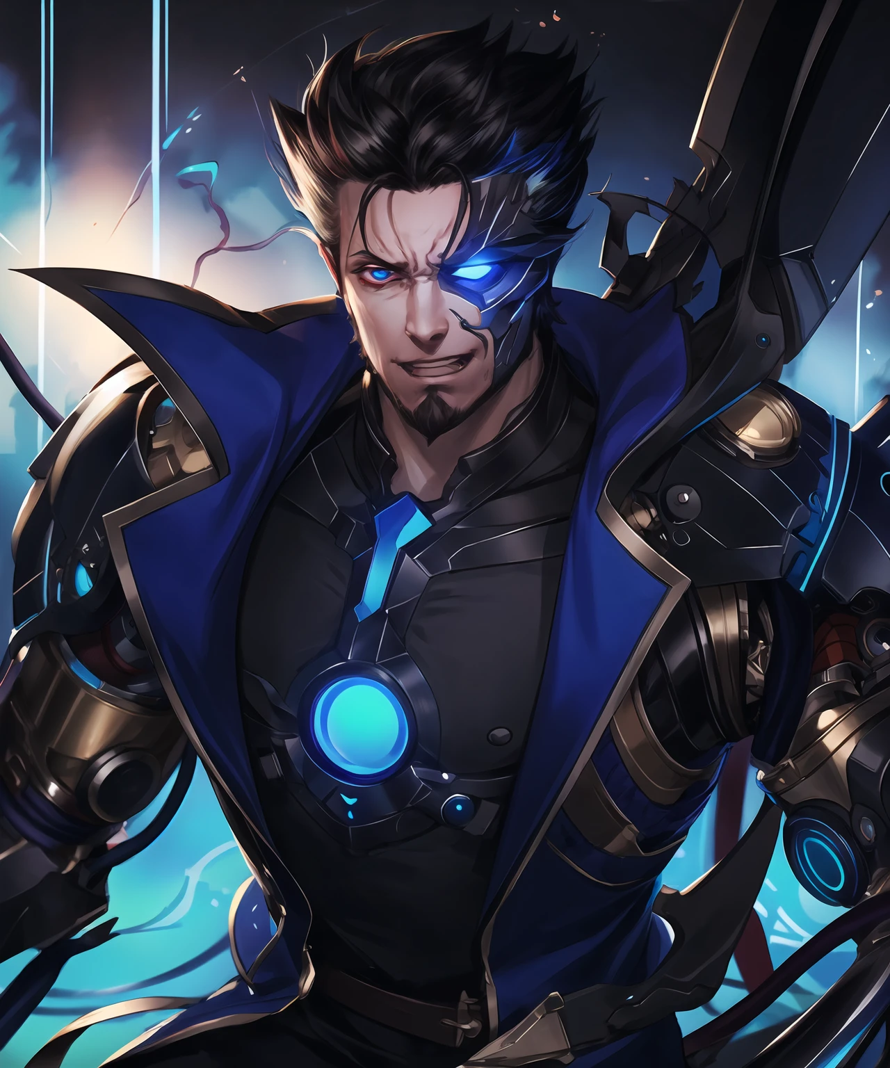 masterpiece,best quality,highres,cinematic lighting,dramatic angle,1boy,<lora:ShadowverseBelphometV3:0.8>,heterochromia, red eyes,blue eyes,black hair,pointy hair,blue jacket,belt,black suit,necktie,,mechanical arms,mechanical parts,mechanical tentacles,wire,electricity,evil smile,teeth,angry,looking at viewer,glowing particles,<lora:flat2:-0.5> ,<lora:add_detail:0.2> ,cyborg,depth of field,magic,circlet,<lora:backlight_slider_v10:-1>,shaded face,glowing eyes,